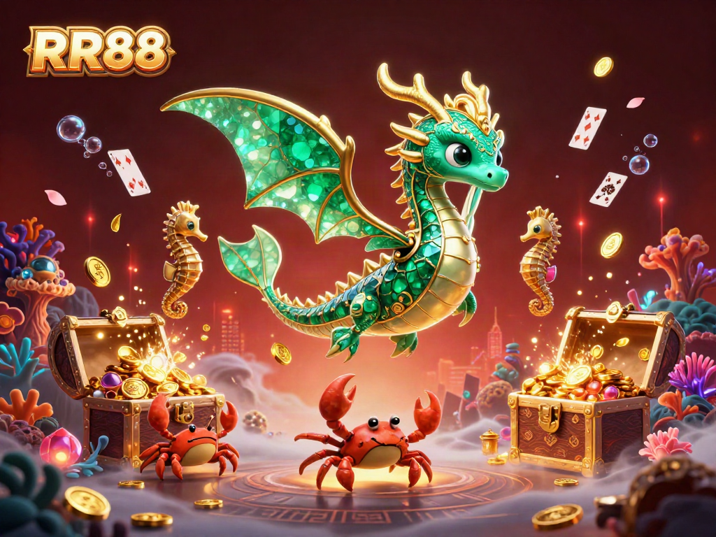 RR88's vibrant sea dragon glides in an enchanted underwater casino experience, exploding with treasures.
