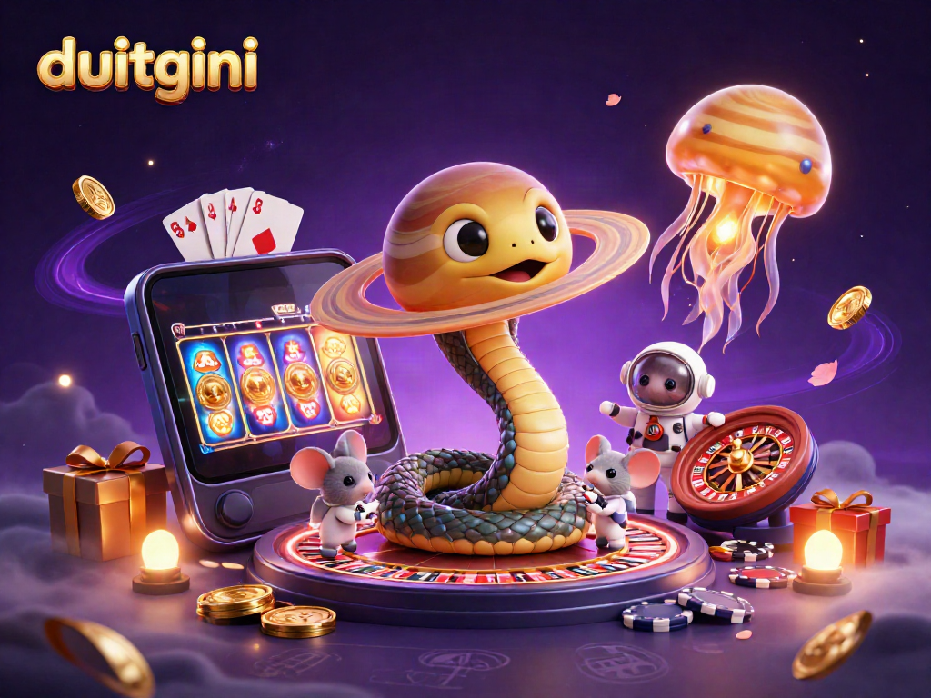 Boost your winnings with duitgini in this vibrant 3D gambling scene featuring roulette and slots.