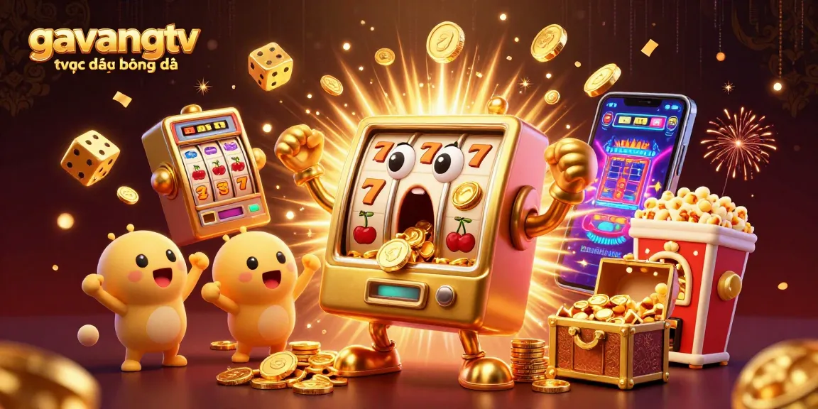 Experience action-packed gavangtv trực tiếp bóng đá in a vibrant casino-themed illustration with slot machines and excitement!