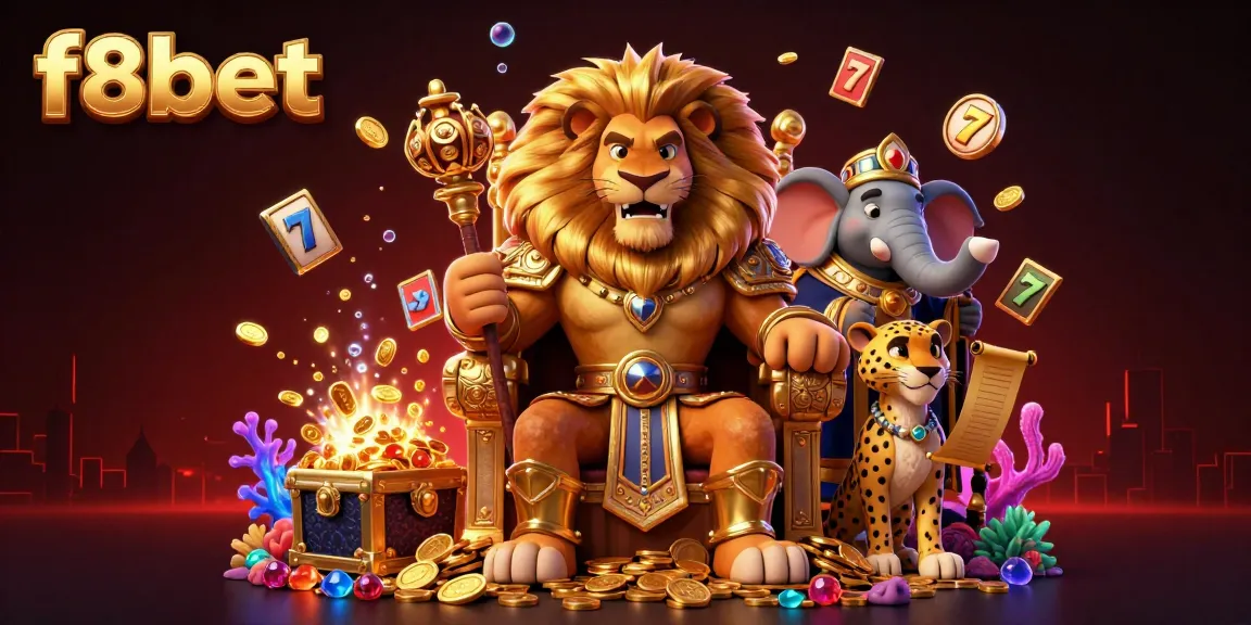 Experience thrilling gameplay with f8bet's majestic gaming scene featuring a lion king, elephant advisor, and cheetah messenger.