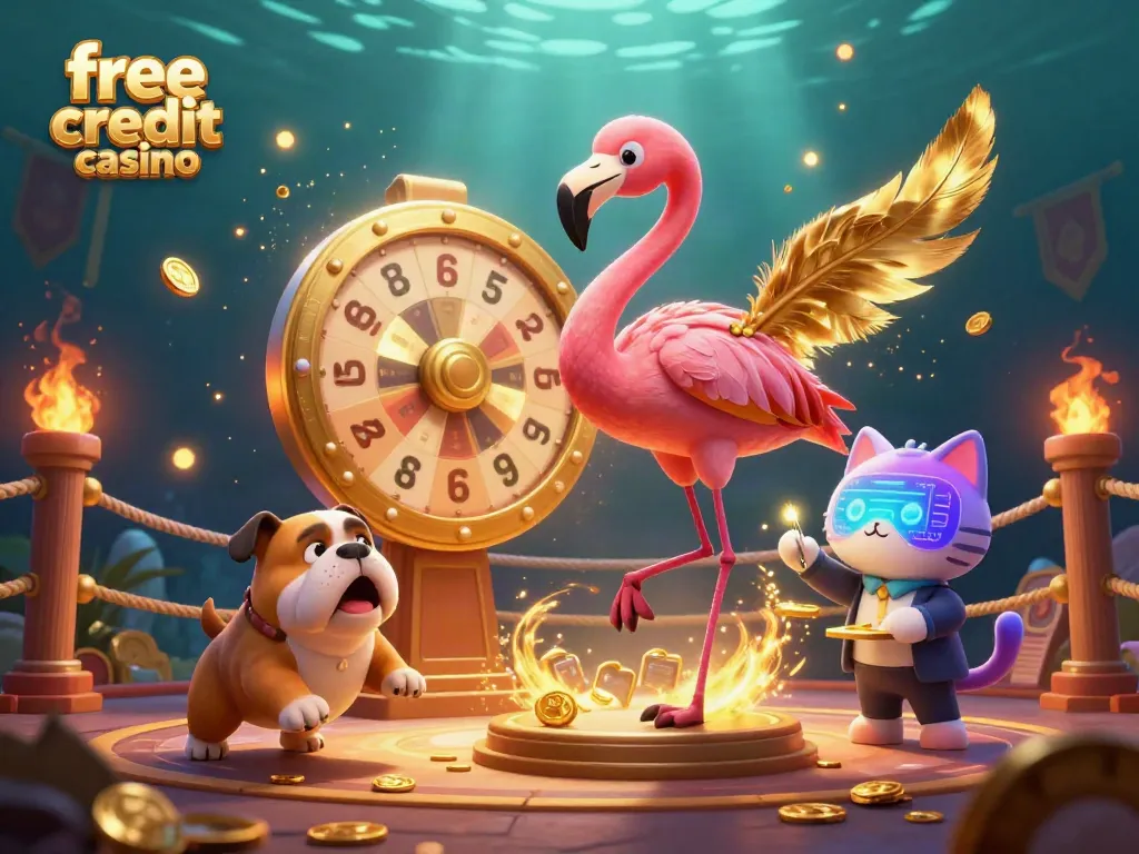 Experience the excitement of free credit casino rewards with a lively game show scene featuring vibrant characters.
