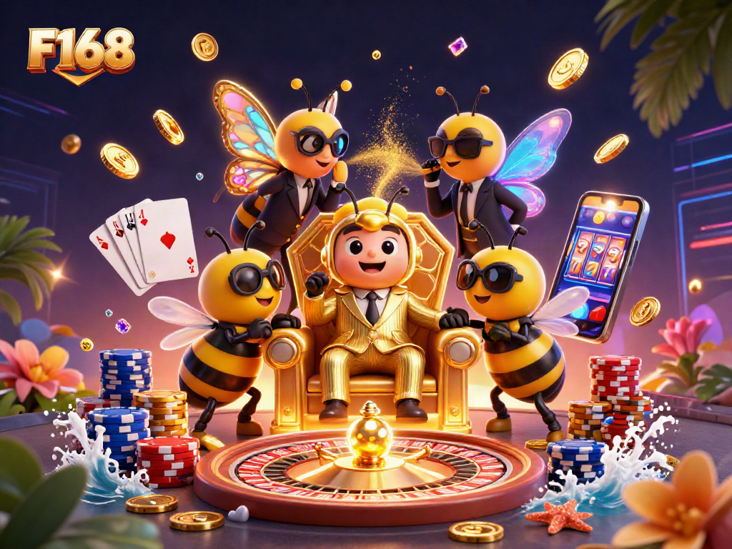 Play slots and spin the F168 game reels surrounded by vibrant casino elements in dynamic 3D illustration.