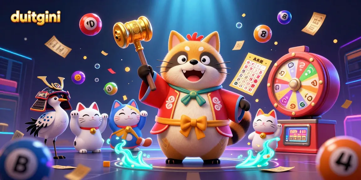Engage with Duitgini's fun and vibrant loan application scene featuring cheerful characters and dynamic lottery elements.