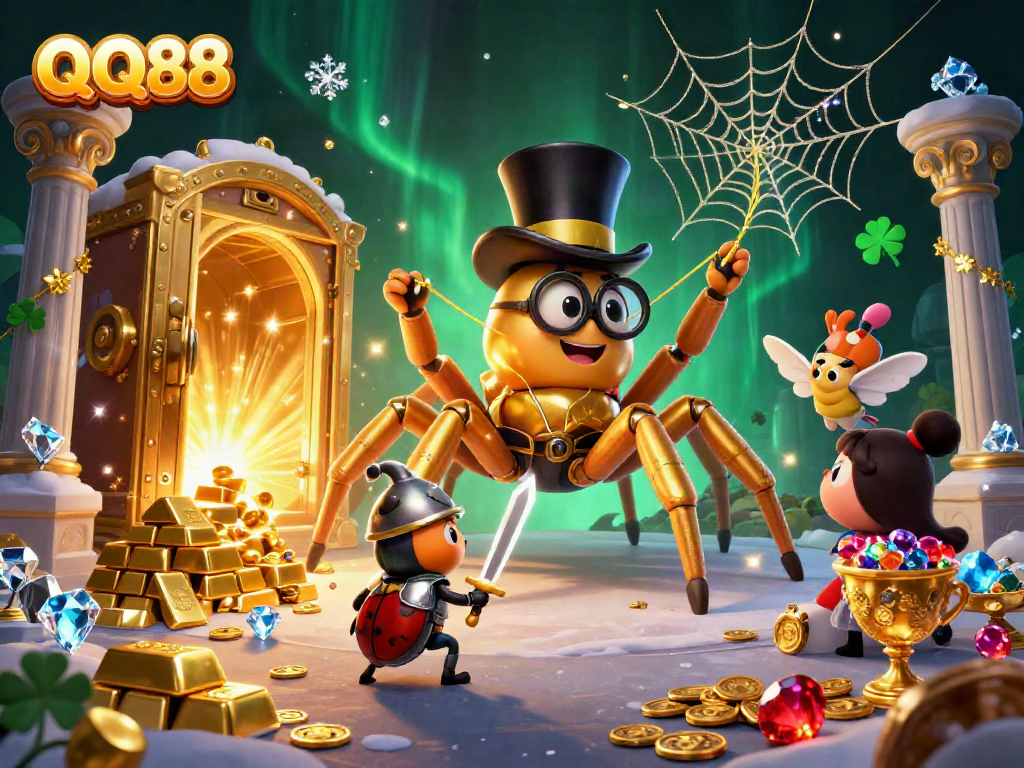 Experience thrilling games at QQ88 with our captivating illustration featuring a golden tarantula weaving luck into casino adventures.