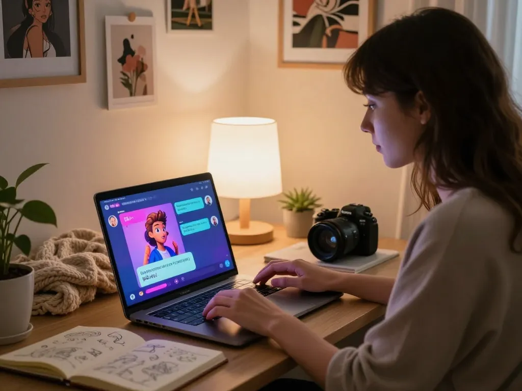 Engaging chat with 18+ AI character in a cozy, creative room setting.