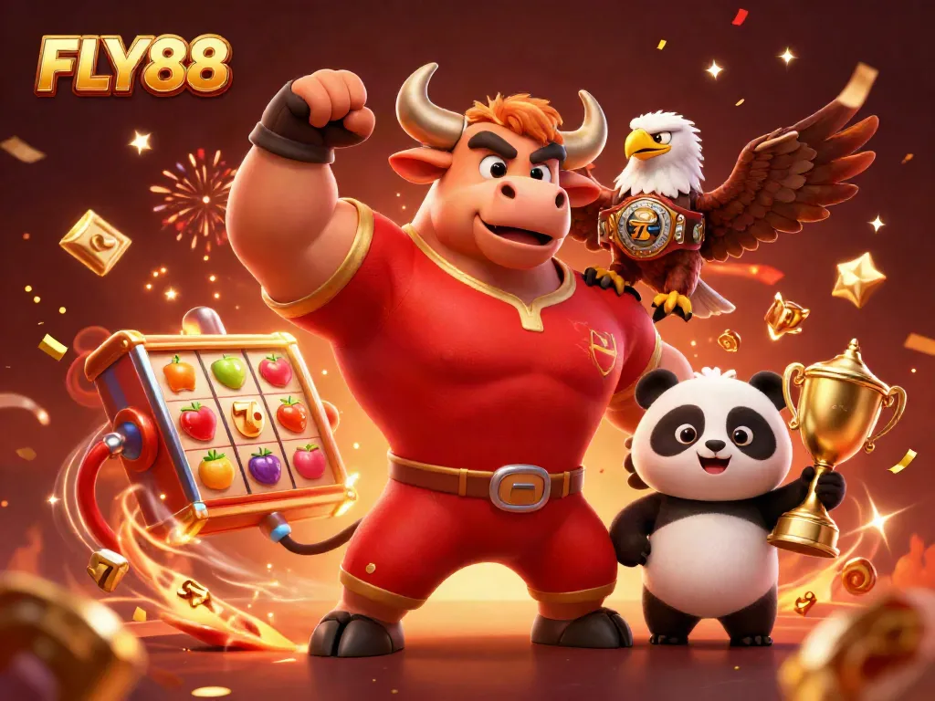 Experience excitement with FLY88's victory scene featuring a bull mascot, eagle, and panda amidst dynamic casino elements.