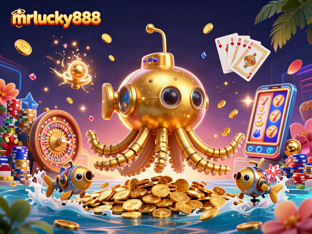 Engage with mrlucky888's thrilling casino games featuring a golden kraken submarine and golden coins.