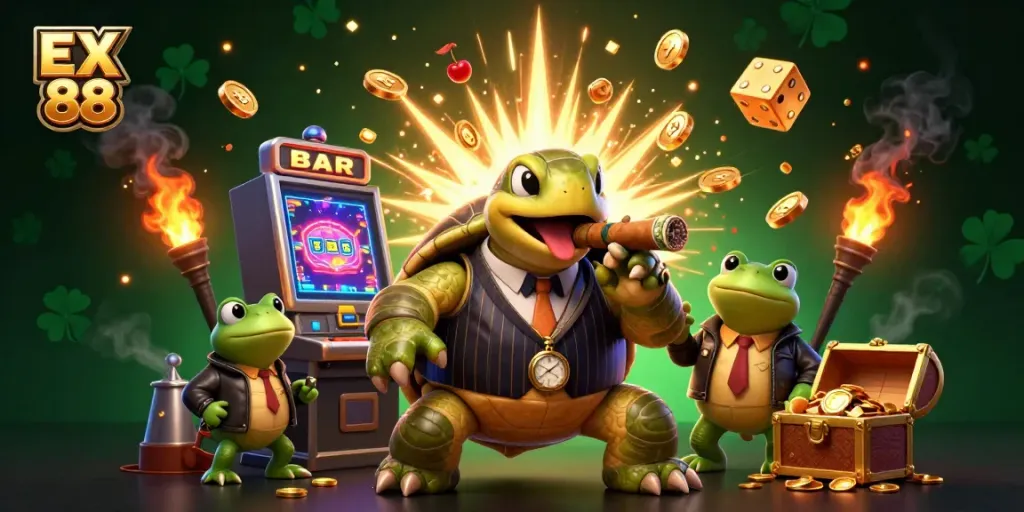Experience the thrill of gambling with EX 88, featuring vibrant characters and dynamic casino elements.