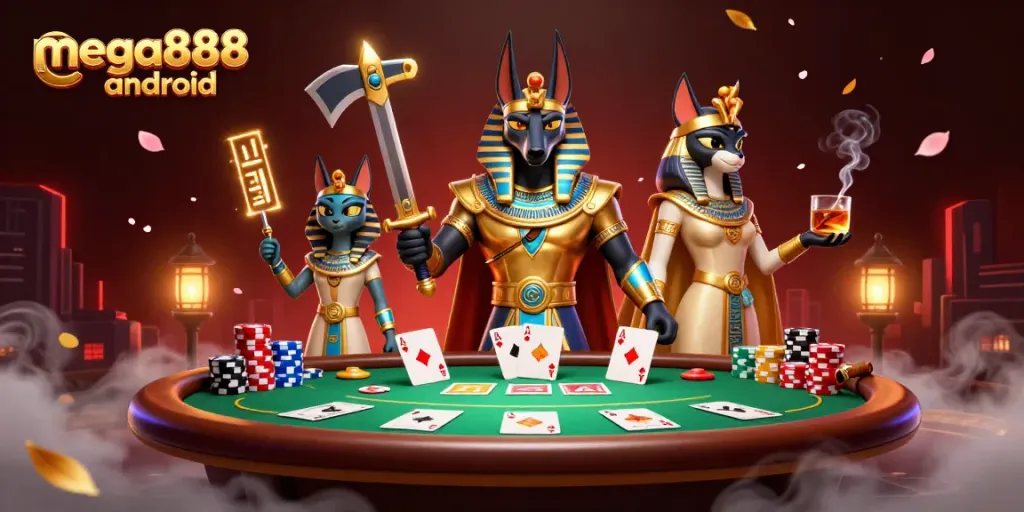 Experience thrilling action with mega888 android in this vibrant, game-packed casino illustration.