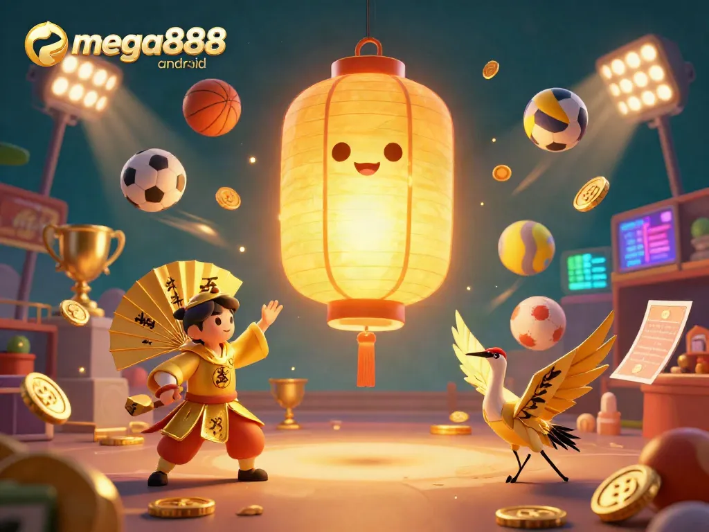 Mega888 android magical casino scene with lantern spirit, warriors, and dynamic sports elements.