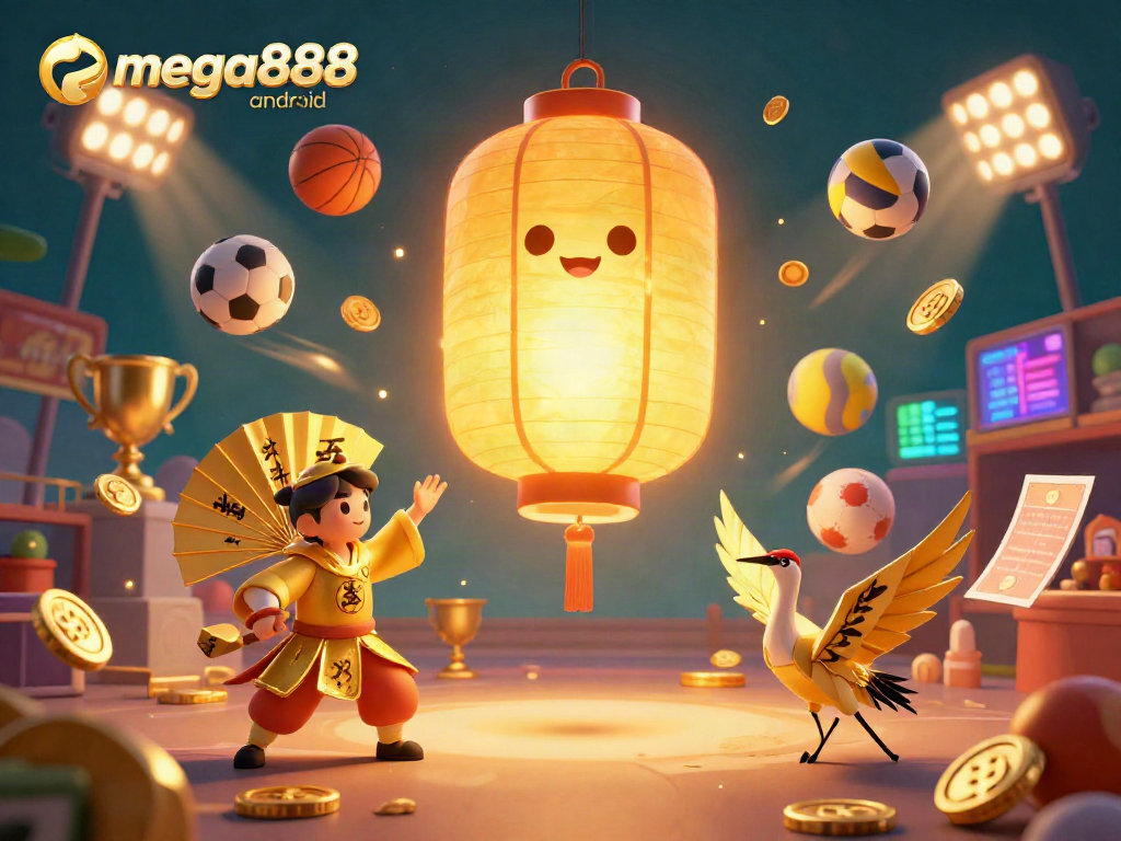 Mega888 android magical casino scene with lantern spirit, warriors, and dynamic sports elements.