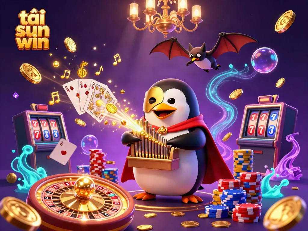Engage in the thrill of tải sun win with a vibrant casino scene featuring golden coins, cards, and roulette.