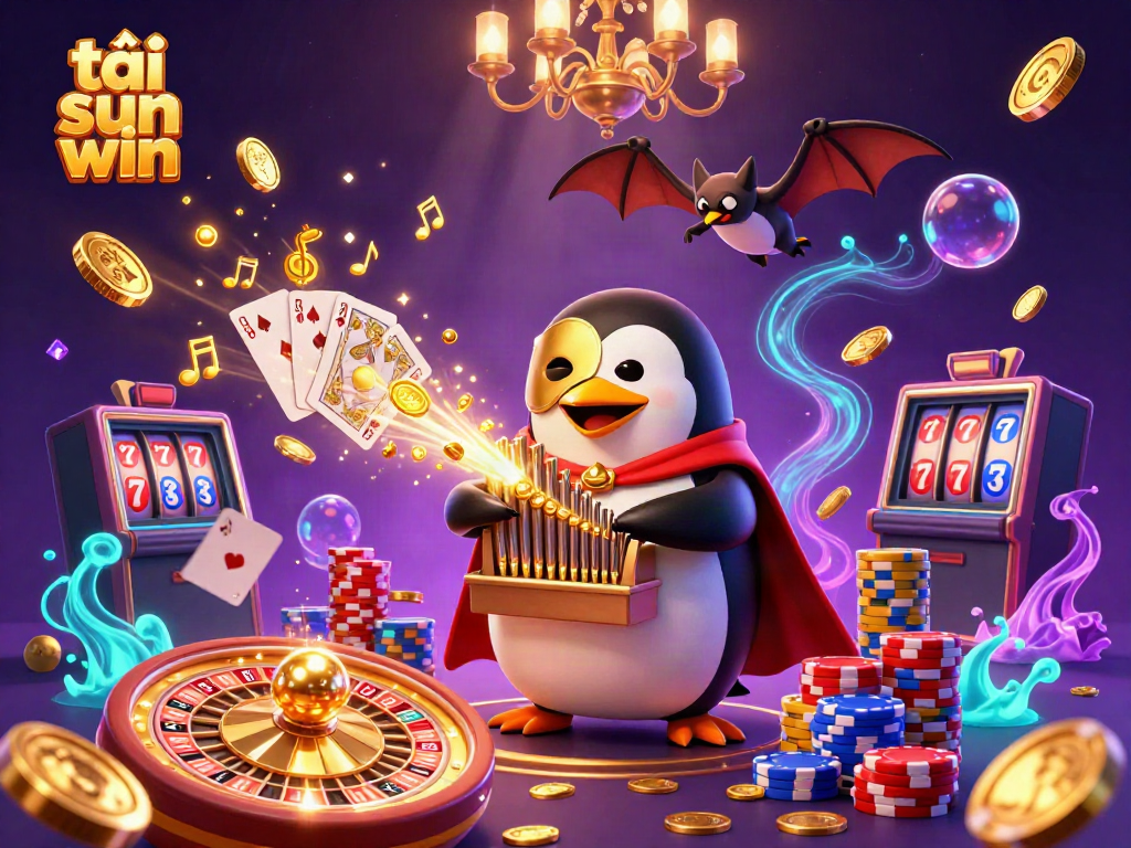 Engage in the thrill of tải sun win with a vibrant casino scene featuring golden coins, cards, and roulette.