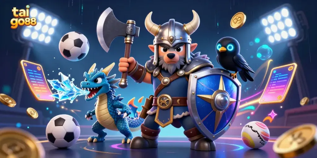 Experience the excitement of tai go88 with a dynamic Viking warrior, dragon, and raven set against a lively casino backdrop.