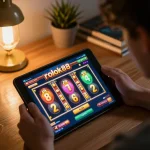 Player enjoying rokok88 slot game on tablet, showcasing a vibrant online gaming experience.