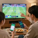 Engaging scene of friends using keo nha cai app for exciting sports betting during a game night.