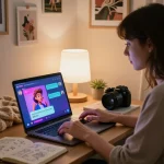 Engaging chat with 18+ AI character in a cozy, creative room setting.