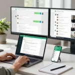 Professional workspace showcasing WhatsApp網頁版 on laptop with chat notifications visible.