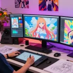 Creating captivating ai ecchi art in a vibrant digital studio environment