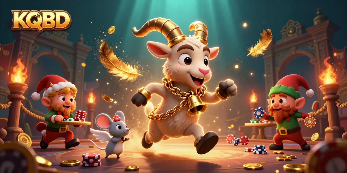 Win big with KQBD at a vibrant holiday-themed casino scene filled with festive characters and sparkling effects.
