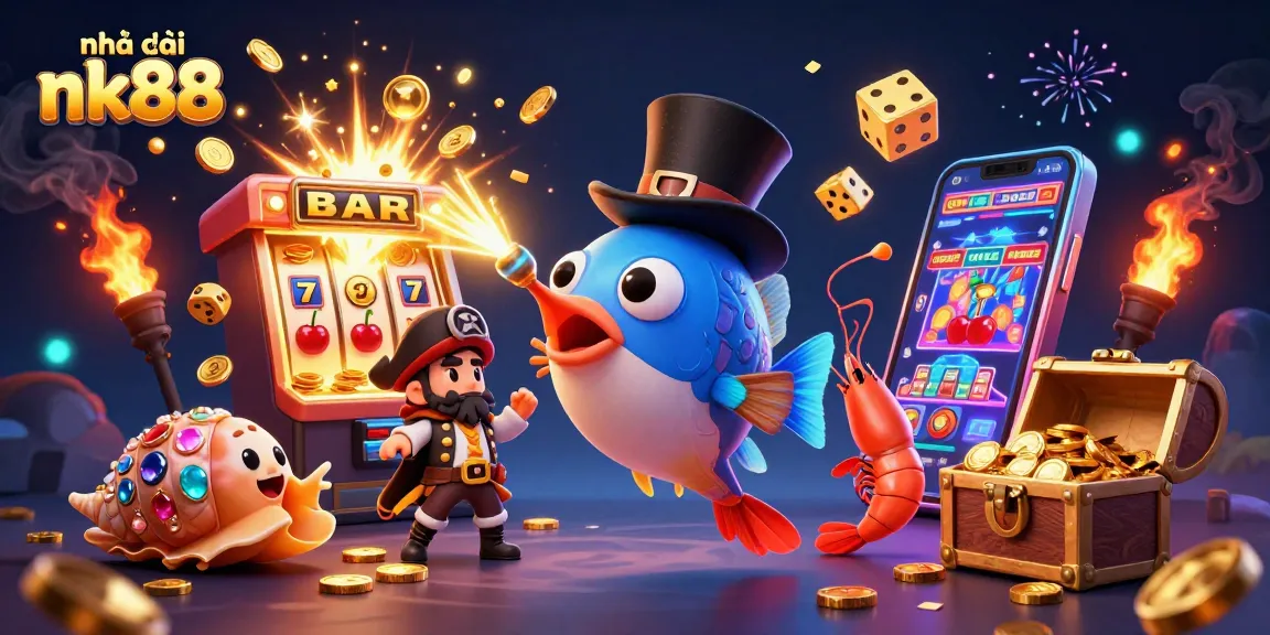 Experience vibrant gaming with nhà cái nk88, featuring an anglerfish, pirate shrimp, and treasure snail amidst a jackpot explosion.