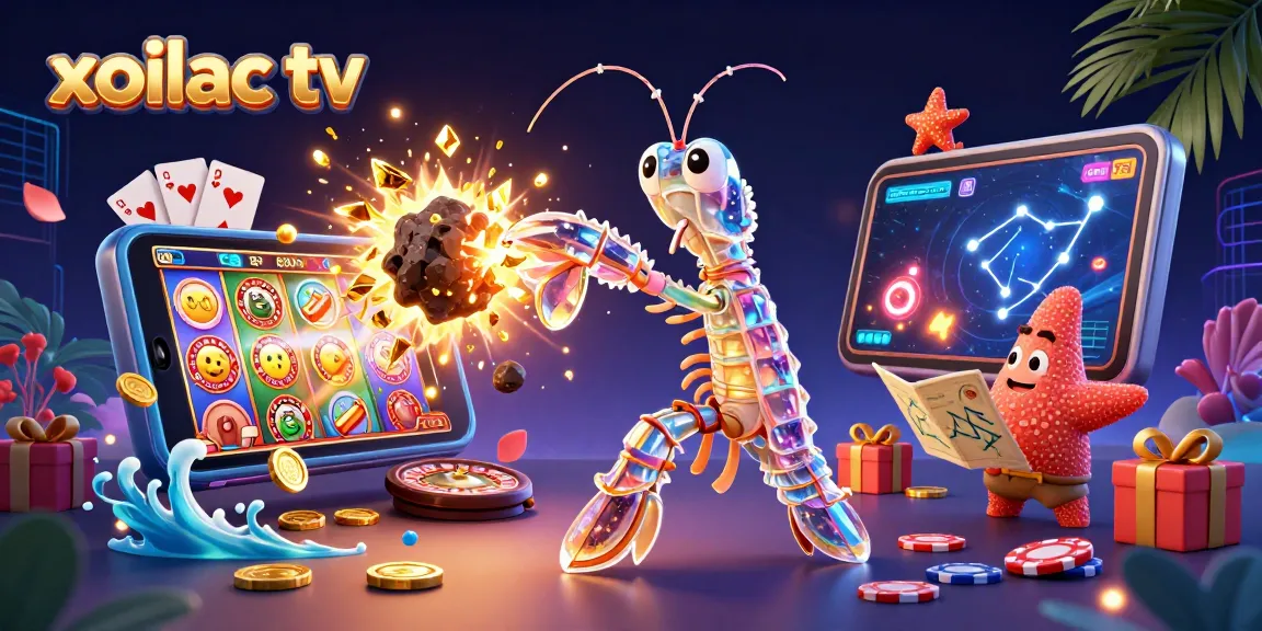Xoilac TV showcases a vibrant gambling scene with cartoon characters interacting within a dynamic casino environment.