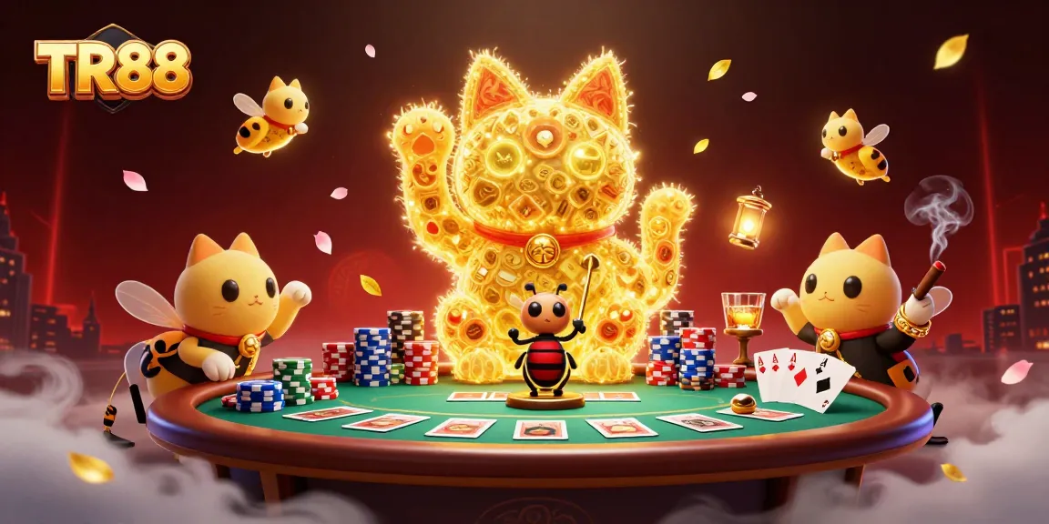 TR88 showcases an artistic scene with golden fireflies and poker elements creating a vibrant casino atmosphere.