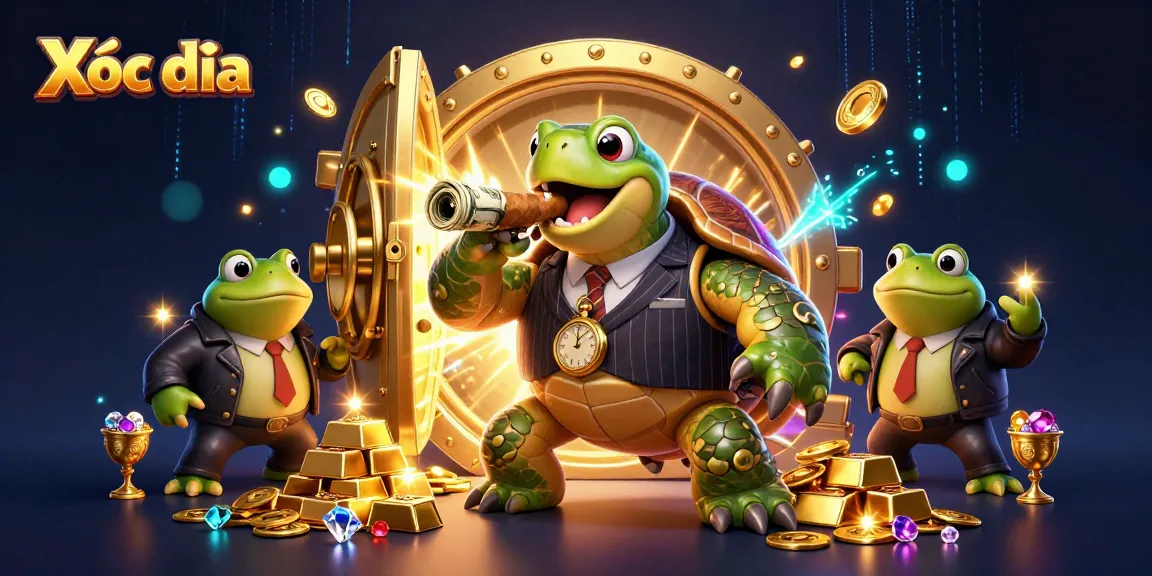 Xóc đĩa game scene with a massive snapping turtle mobster and bullfrog enforcers, casino treasures shining around