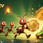 Cakhiatv features a 3D illustration of ants in a heist carrying a giant poker chip, showcasing dynamic casino themes.