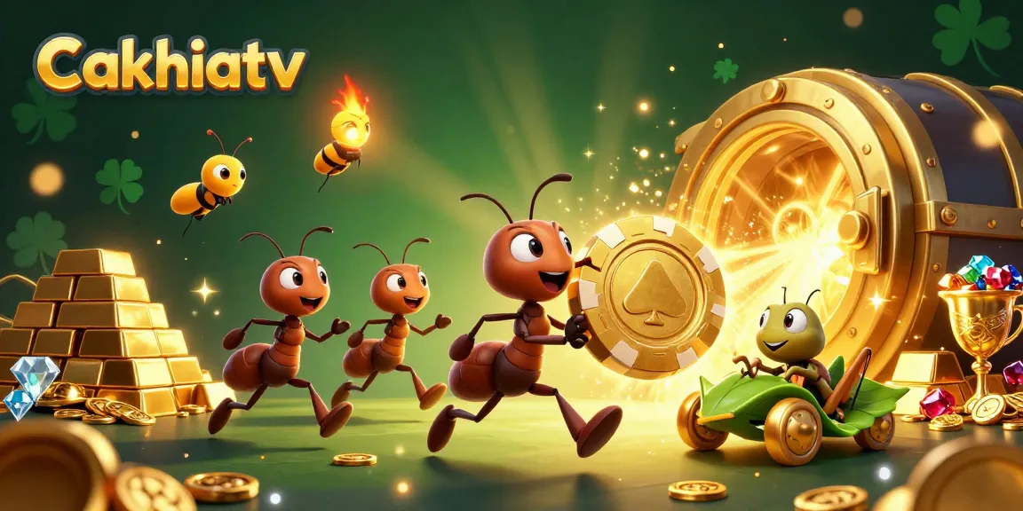Cakhiatv features a 3D illustration of ants in a heist carrying a giant poker chip, showcasing dynamic casino themes.