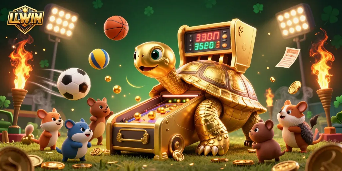 Experience high-stakes action with LLWIN's colossal golden tortoise pinball machine amidst 3D sports elements.