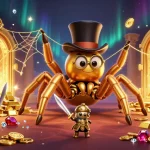 Experience thrilling adventures at 888new with a giant tarantula weaving golden threads in a casino.