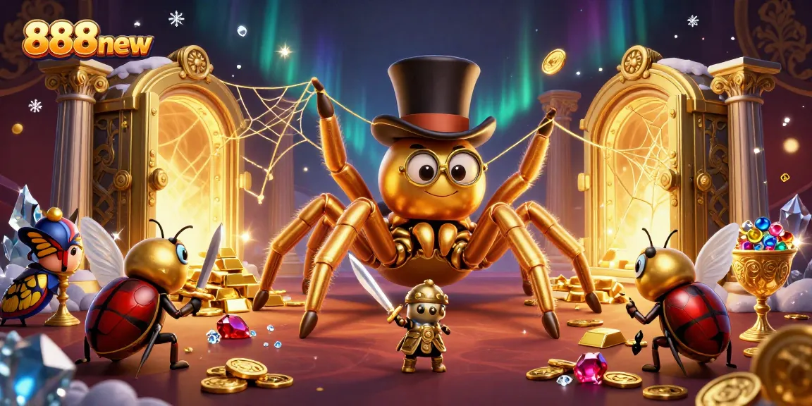 Experience thrilling adventures at 888new with a giant tarantula weaving golden threads in a casino.