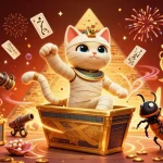 Experience casino online excitement with an Egyptian mummy cat and treasures in a vibrant casino scene