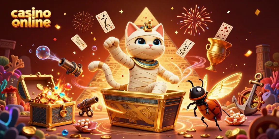 Experience casino online excitement with an Egyptian mummy cat and treasures in a vibrant casino scene