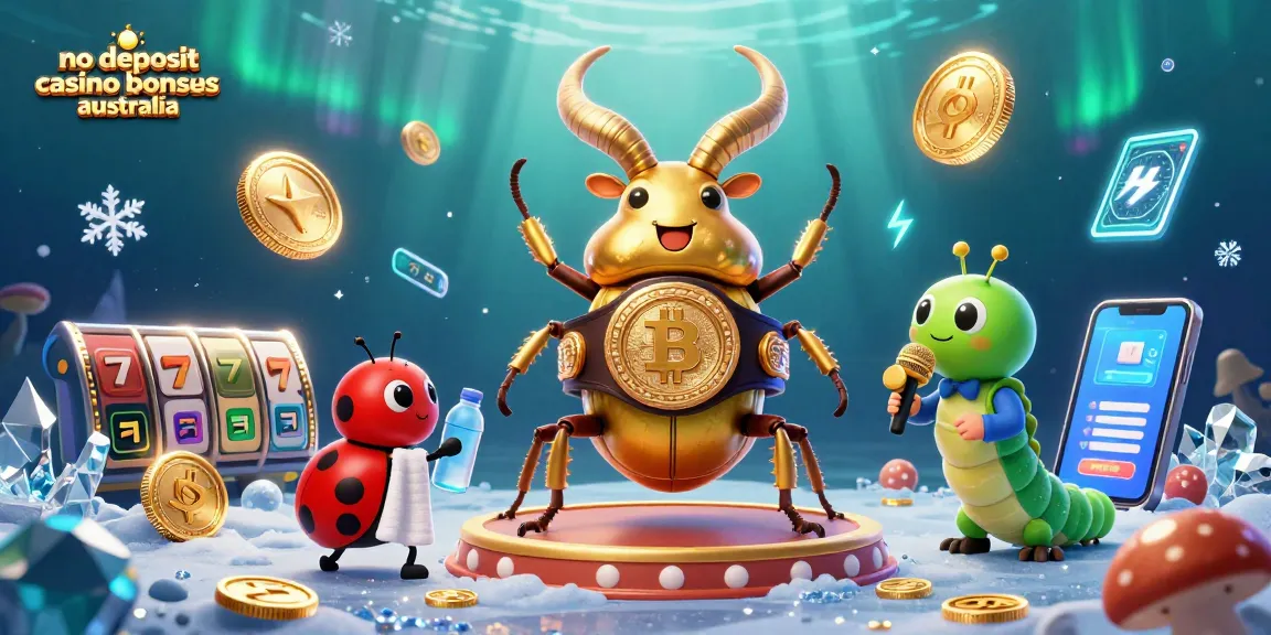 No deposit casino bonuses Australia illustrated with a giant stag beetle in a boxing stance and vibrant casino elements.