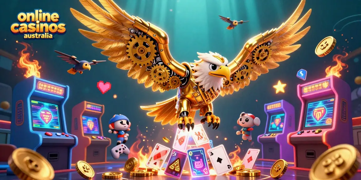 Experience the thrill of online casinos Australia with a dynamic 3D gaming scene featuring a golden eagle.