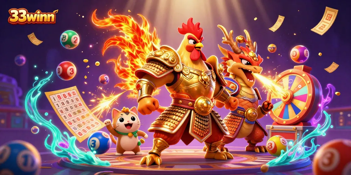 Experience thrilling jackpots and adventures with 33winn at this lively casino illustration.