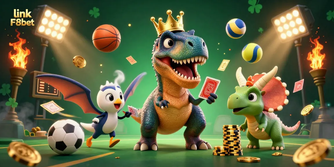 Engage with link F8bet in a vibrant 3D casino scene featuring characters in action.