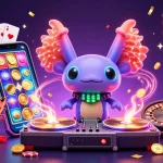 Experience the excitement of link F168 with a vibrant 3D illustration featuring a DJ axolotl and dancing shrimp at an underwater casino party.