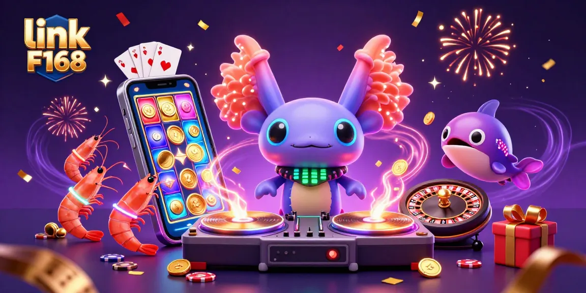 Experience the excitement of link F168 with a vibrant 3D illustration featuring a DJ axolotl and dancing shrimp at an underwater casino party.