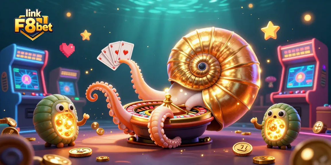 Engaging players with link F8bet in a colorful casino environment featuring a giant nautilus roulette wheel.