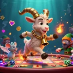 Experience gaming thrills with mbi88's festive casino scene featuring slots, gremlins, and a Krampus goat.