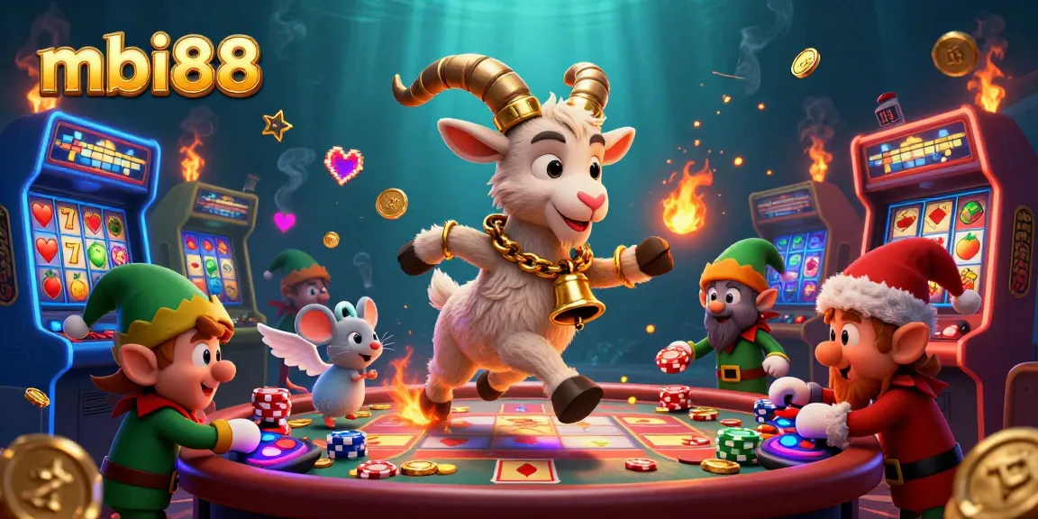 Experience gaming thrills with mbi88's festive casino scene featuring slots, gremlins, and a Krampus goat.