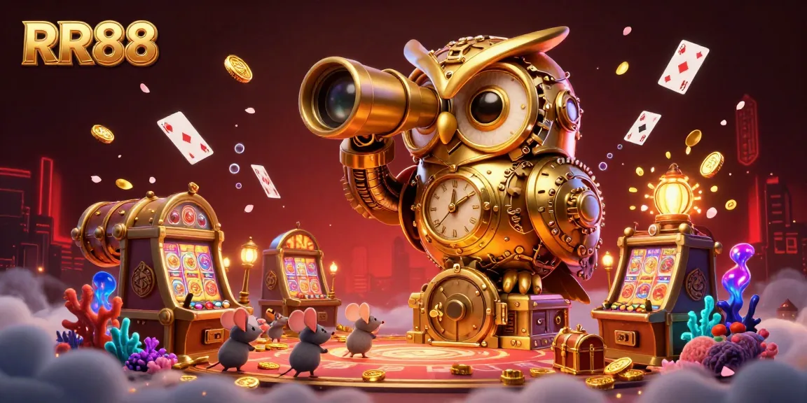 Experience RR88's vibrant casino scene with a golden owl and lively mouse patrons among slot machines.