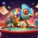 Immerse in the 88vv casino world with colorful elements and a chameleon casino owner.