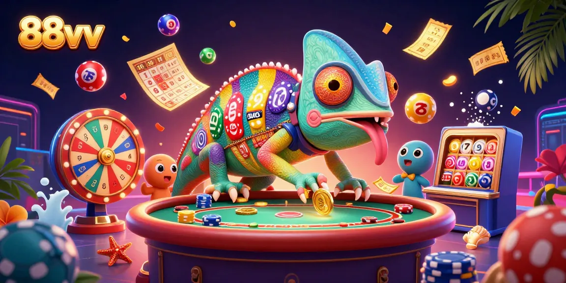 Immerse in the 88vv casino world with colorful elements and a chameleon casino owner.