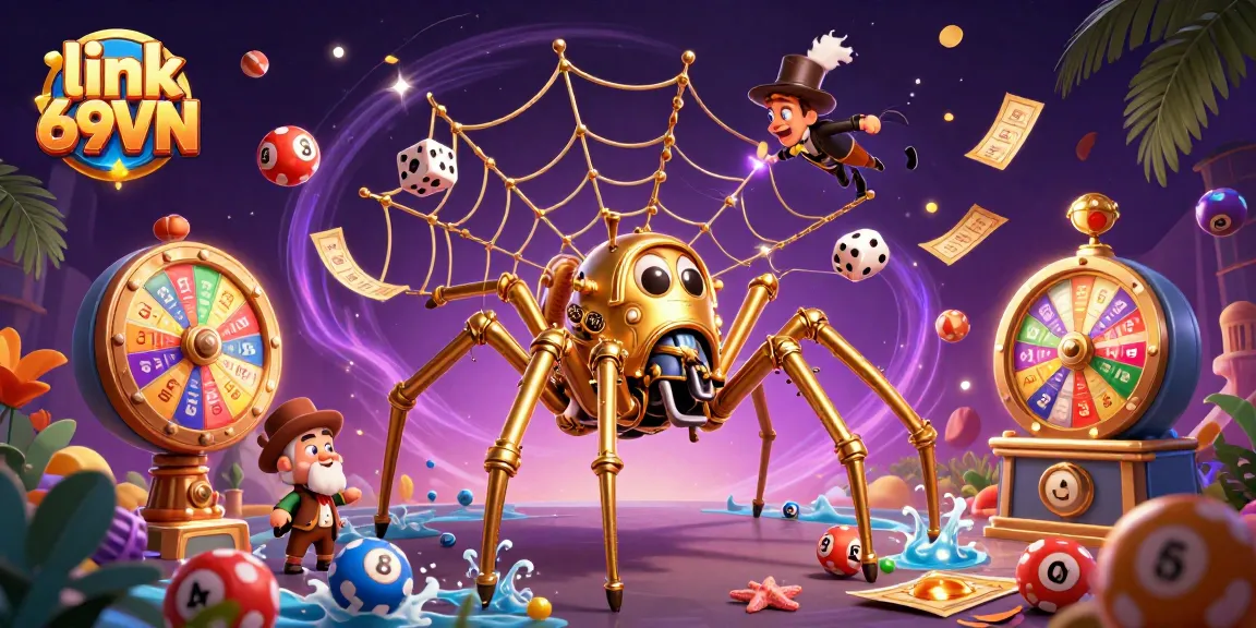 Experience thrilling games at link 69VN with golden web elements and vibrant lottery balls.